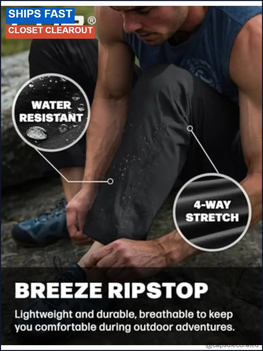 Men's Water-Resistant Cargo Hiking Pants with Elastic Waist, 87% Nylon